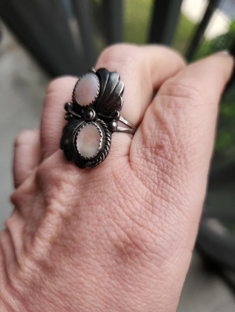 Handmade Sterling Silver 925 Vintage Native American Mother Of Pearl Duo Ring